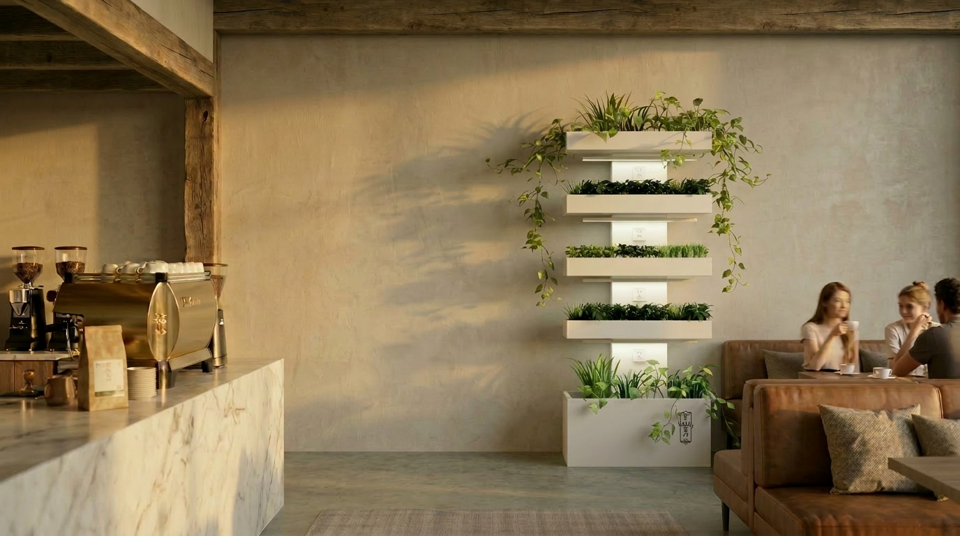 Farmwall BioRise units deployed in a premium café setting