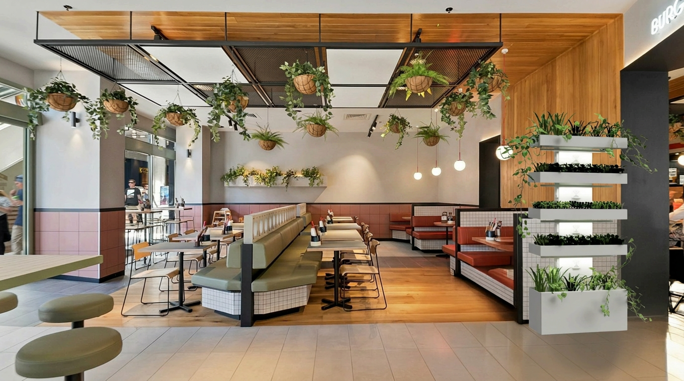 Farmwall BioRise glowing inside a premium café with guests dining