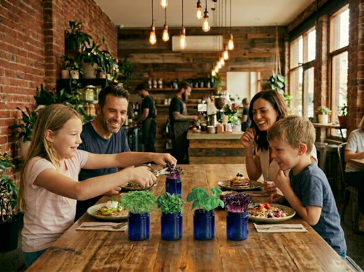 Restaurant table with microgreen jars at every place setting